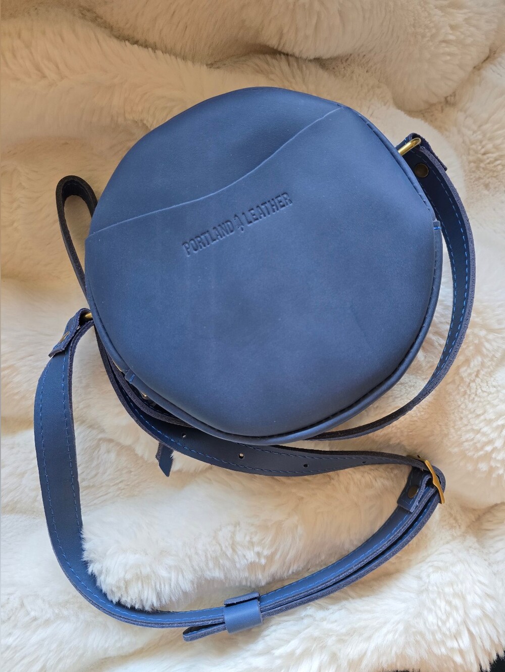 NWOT! Portland Leather, Small Round Leather Crossbody Bag, Deep Water Blue